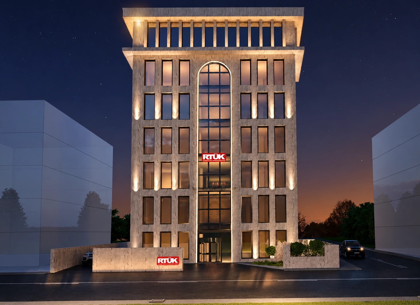 Yapay zekâ ile iyileştirilmiş proje görseli RTÜK yeni hizmet binası mimari görselleştirmesi